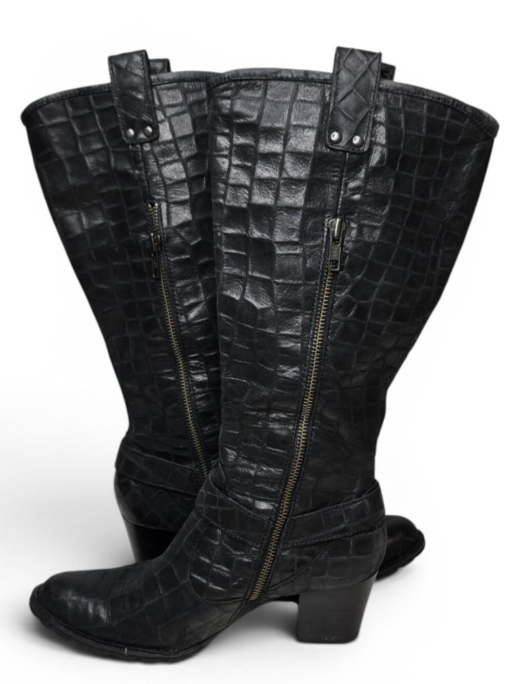 Born Distressed Croc Embossed Leather Harness Boots Womens Moto Block Heel 7 - Picture 4 of 14